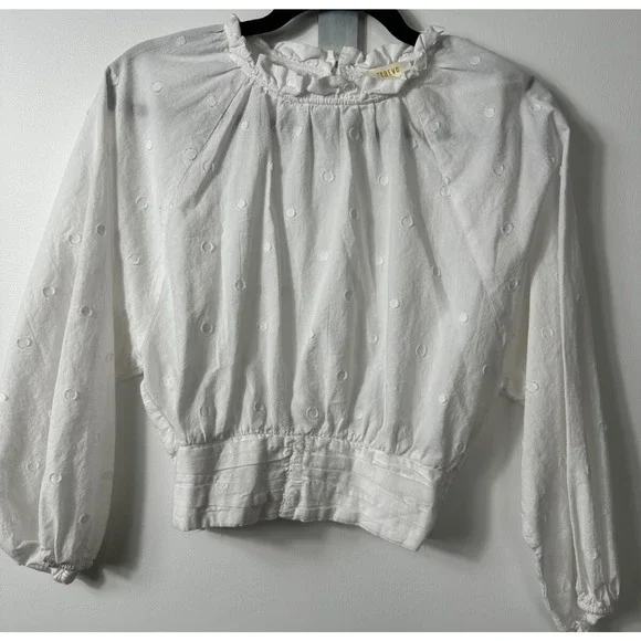 Maeve Anthropologie Blouse Womens 4 White Cropped Clip Dot Puffed Sleeve Top A2 - Picture 1 of 7